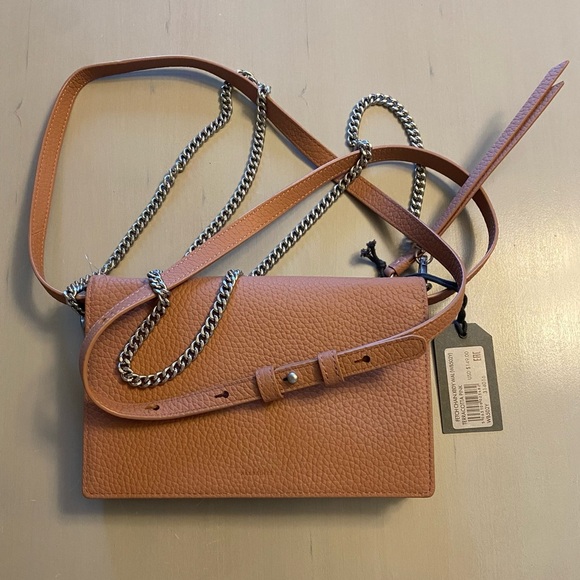Auth All Saints NWT pink terracotta crossbody chain silver hardware dust bag - Picture 5 of 16